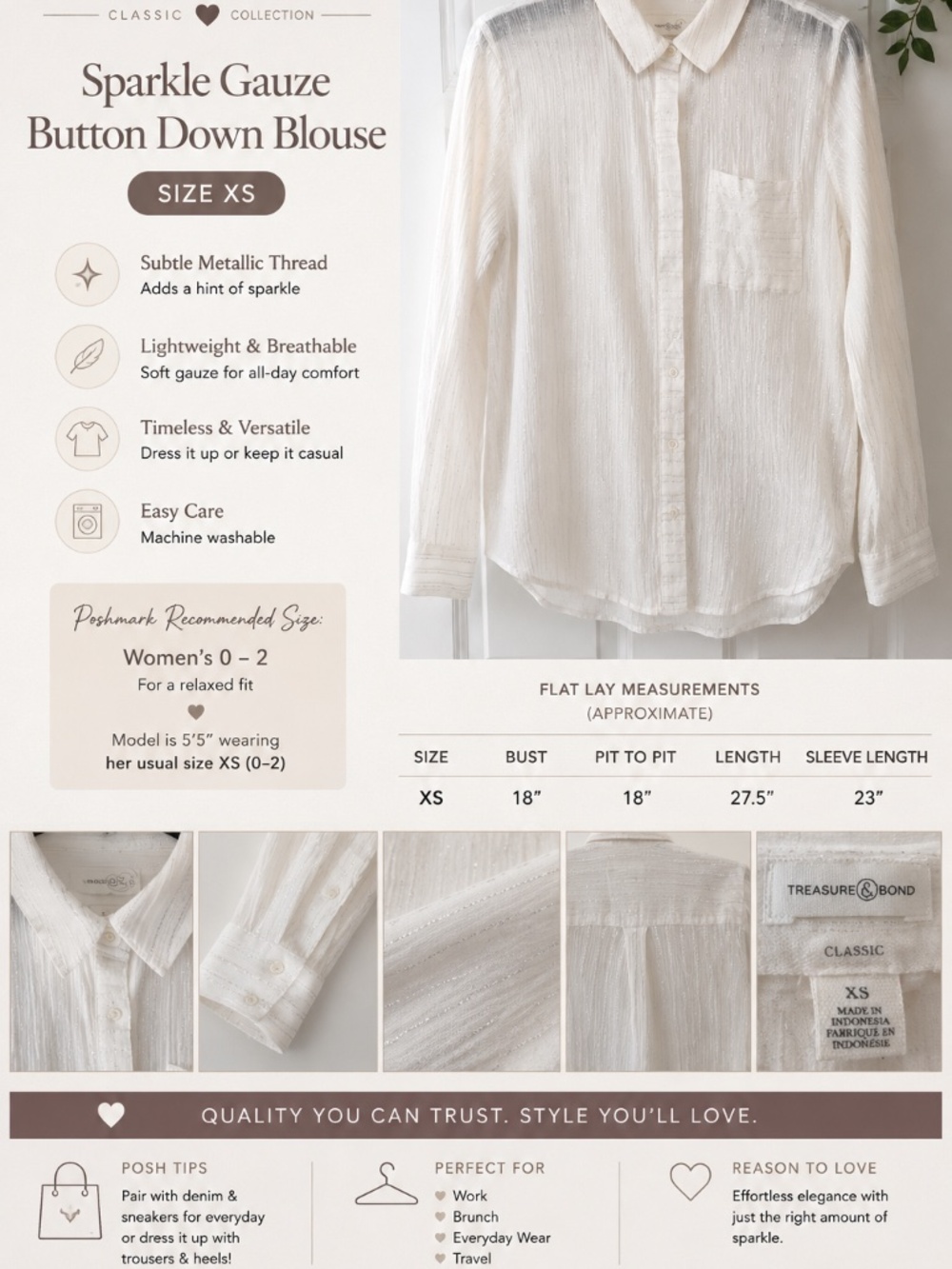 Treasure & Bond Classic White Metallic Stripe Button Down Blouse XS